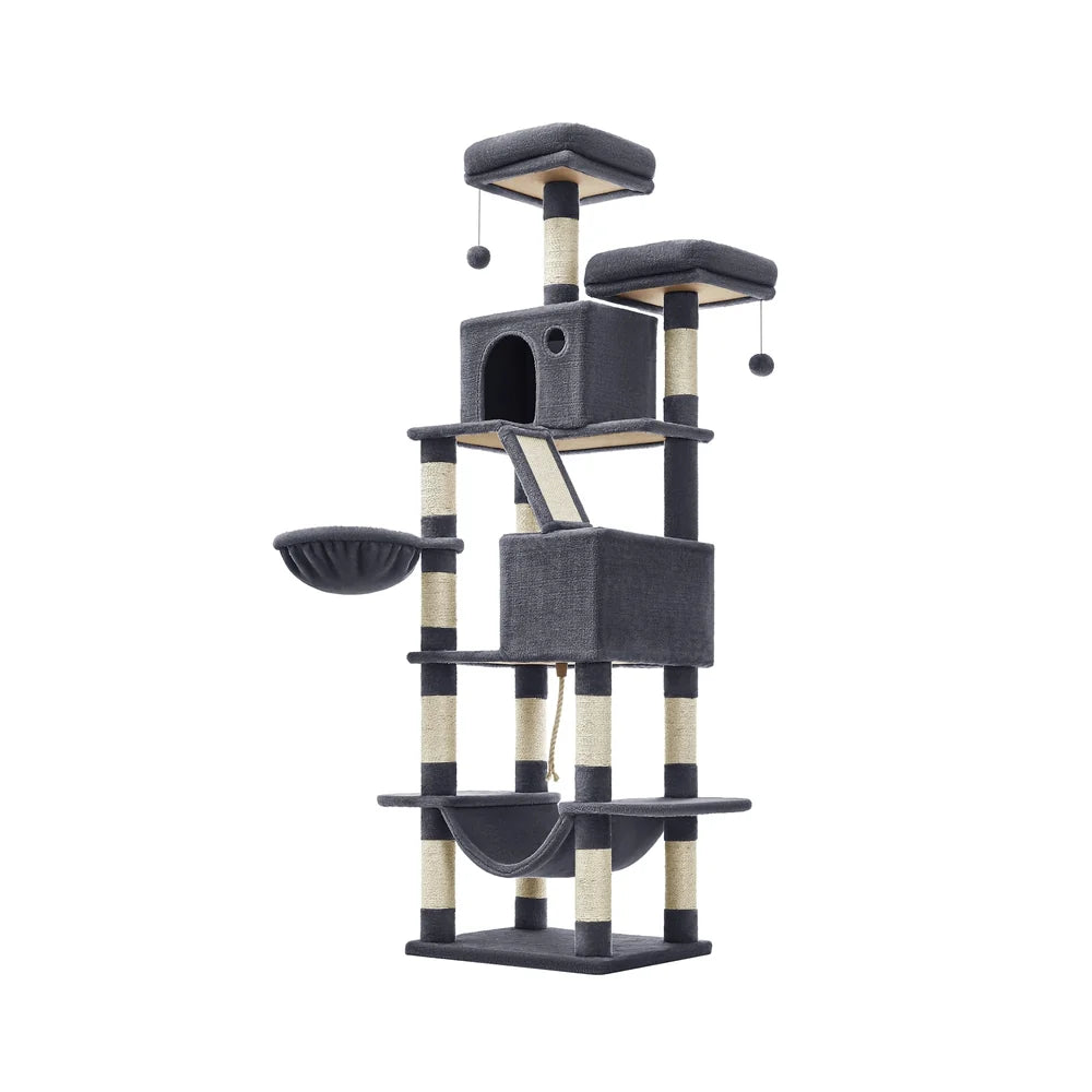 Grand arbre à chat noir avec niche fermée, hamac et poteaux en sisal