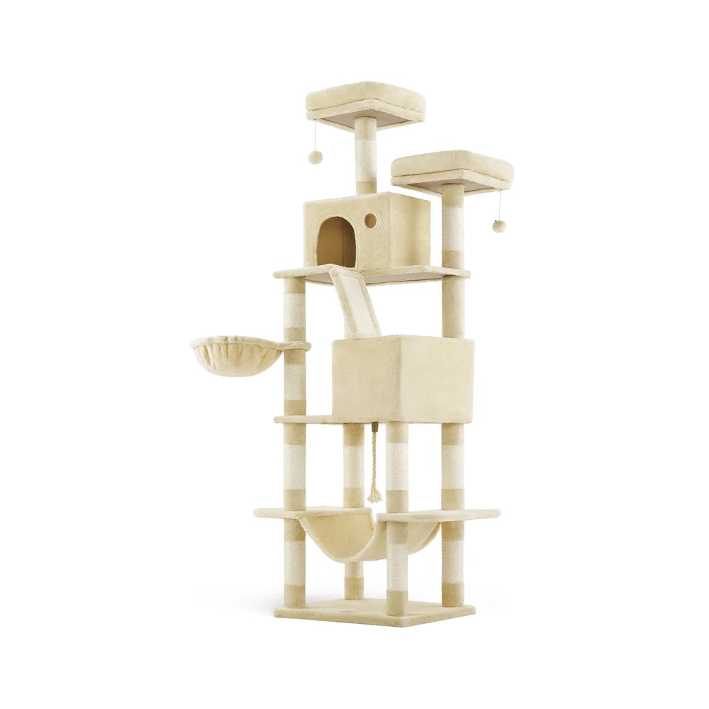 Grand arbre à chat beige avec niche fermée, hamac et poteaux en sisal