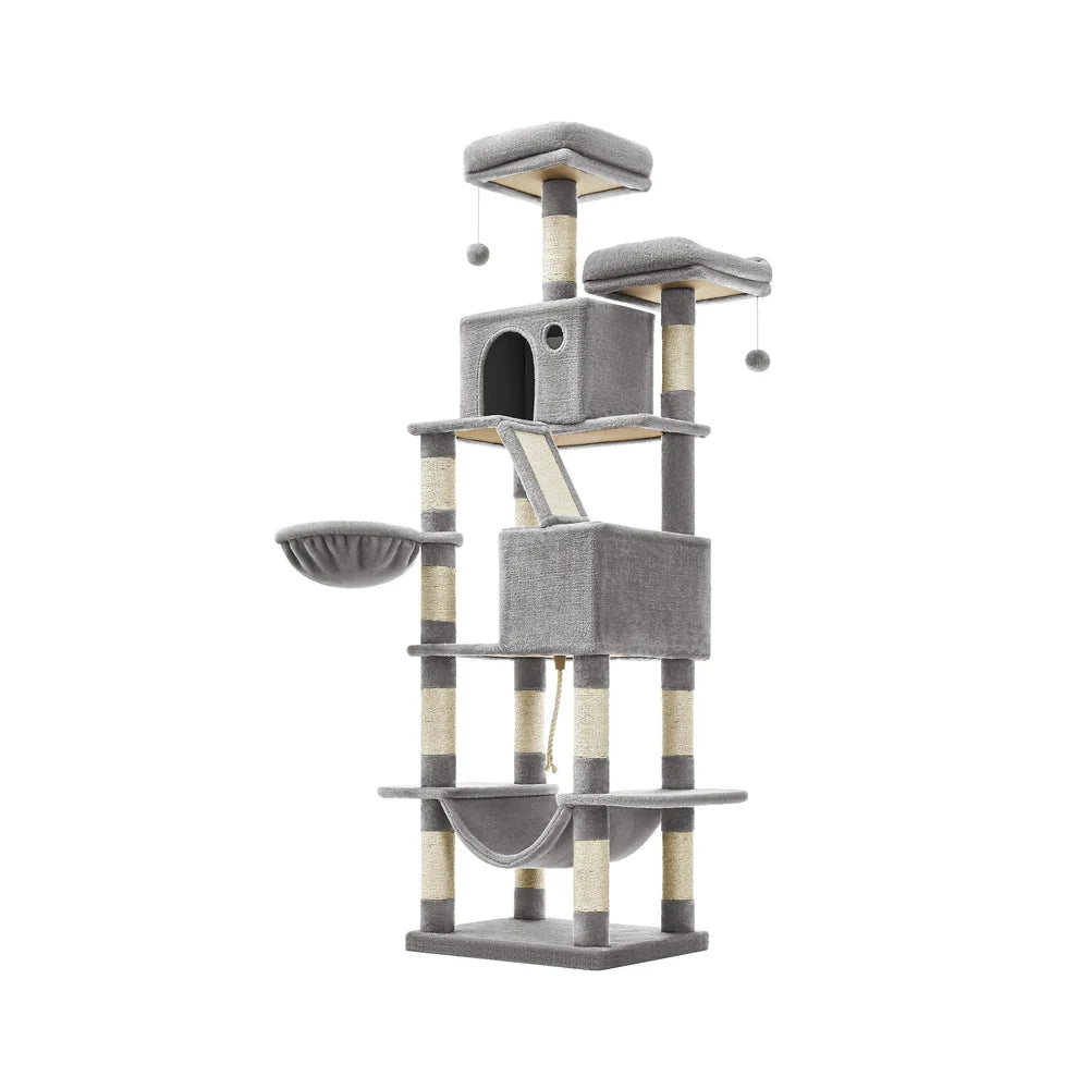 Grand arbre à chat gris avec niche fermée, hamac et poteaux en sisal