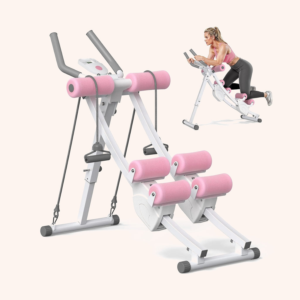Machine abdominale pliable blanche et rose, sangles incluses