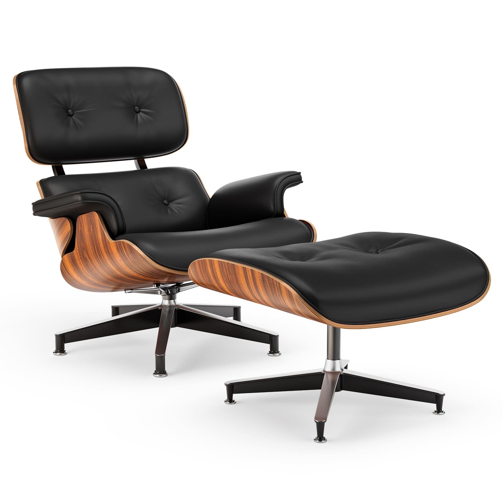 Fauteuil Alcôve standard cuir noir et palissandre avec ottoman
