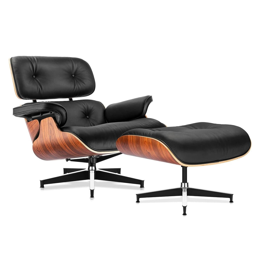 Fauteuil Alcôve Tall cuir noir et palissandre avec ottoman