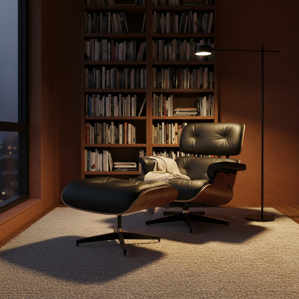 Fauteuil Alcôve dans un coin lecture éclairé le soir