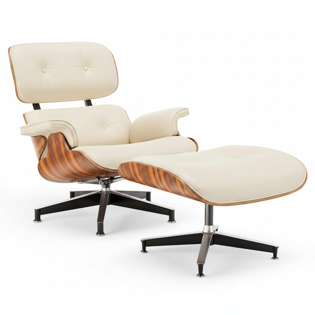 Fauteuil Alcôve standard cuir blanc ivoire et palissandre