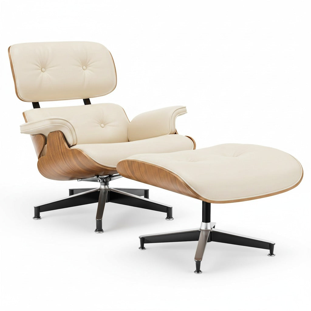 Fauteuil Alcôve standard cuir blanc ivoire et noyer