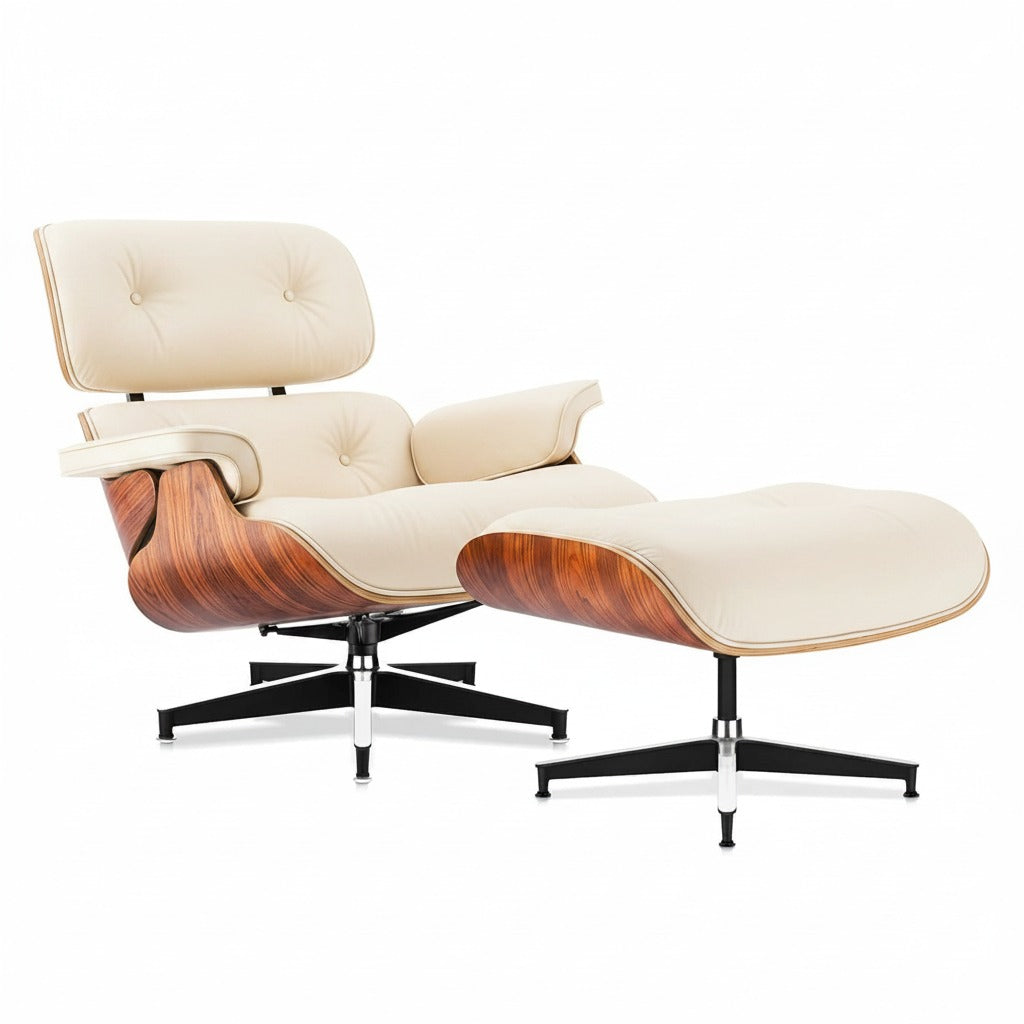 Fauteuil Alcôve Tall cuir blanc ivoire et palissandre