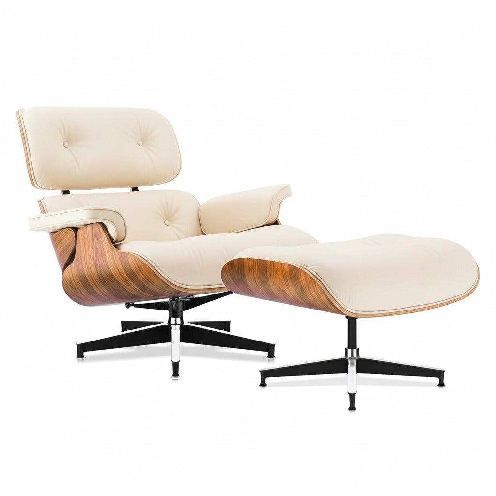 Fauteuil Alcôve Tall cuir blanc ivoire et noyer