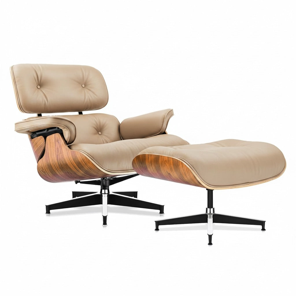 Fauteuil Alcôve Tall cuir beige sable et noyer