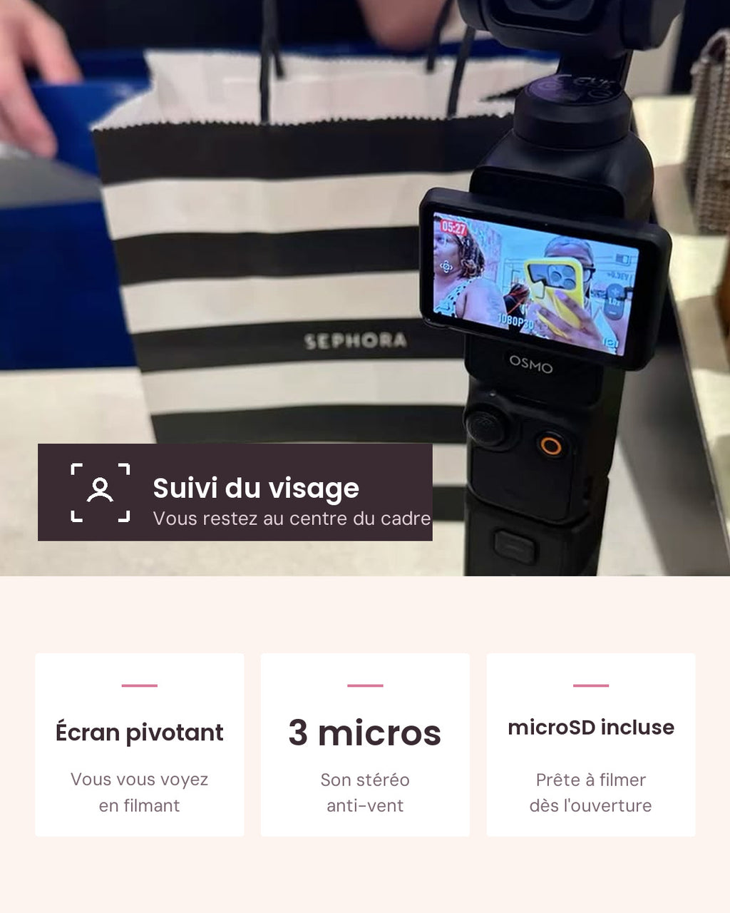 Écran pivotant, 3 micros et carte microSD incluse