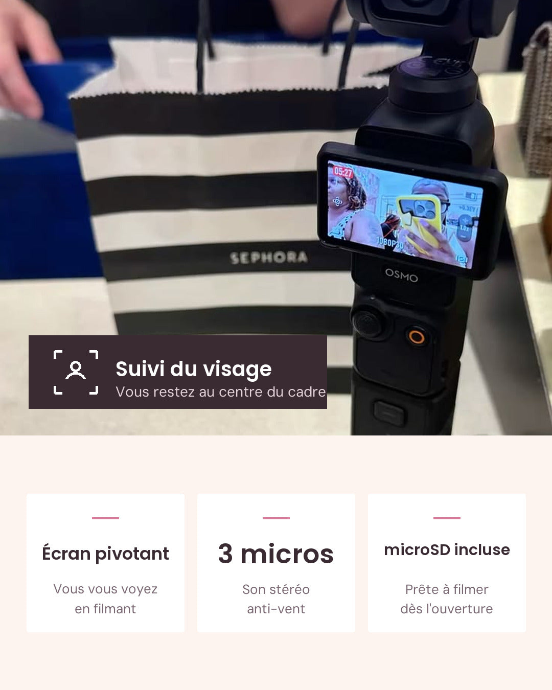 Écran pivotant, 3 micros et carte microSD incluse