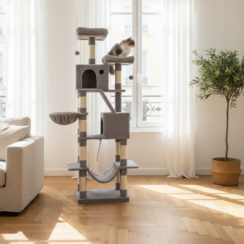 Grand arbre à chat gris dans un salon lumineux au parquet en point de Hongrie, un chat sur la plateforme du haut