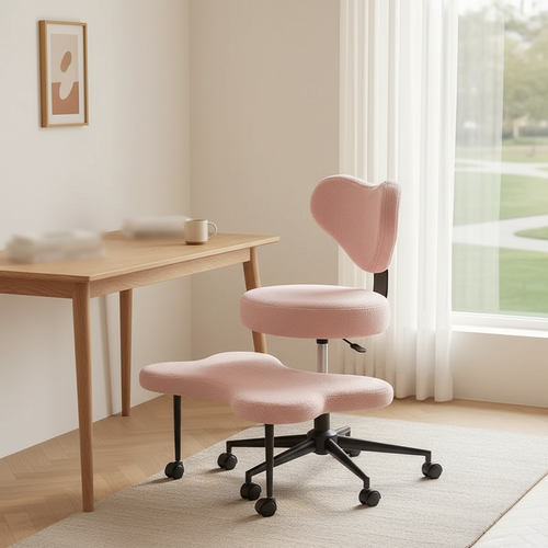 Chaise de bureau rose en tissu bouclette avec repose-genoux, dans un bureau lumineux au parquet clair