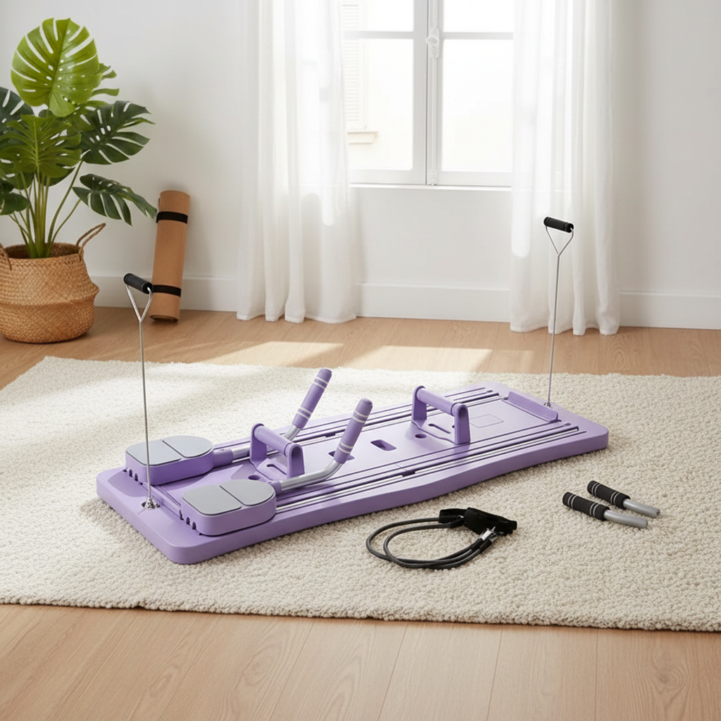Planche de Pilates Reformer violette dépliée sur un tapis dans un appartement lumineux