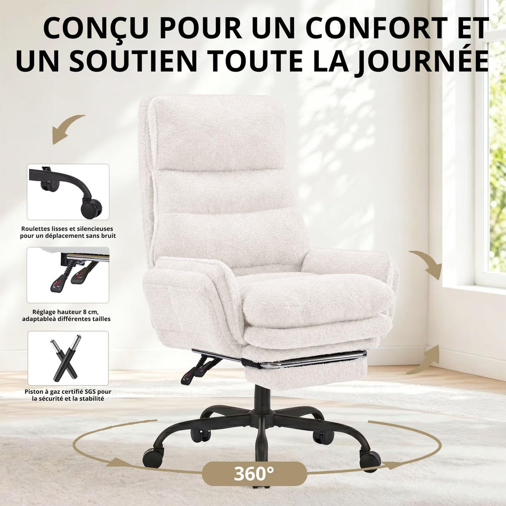 Réglages : roulettes, hauteur, pivot 360°