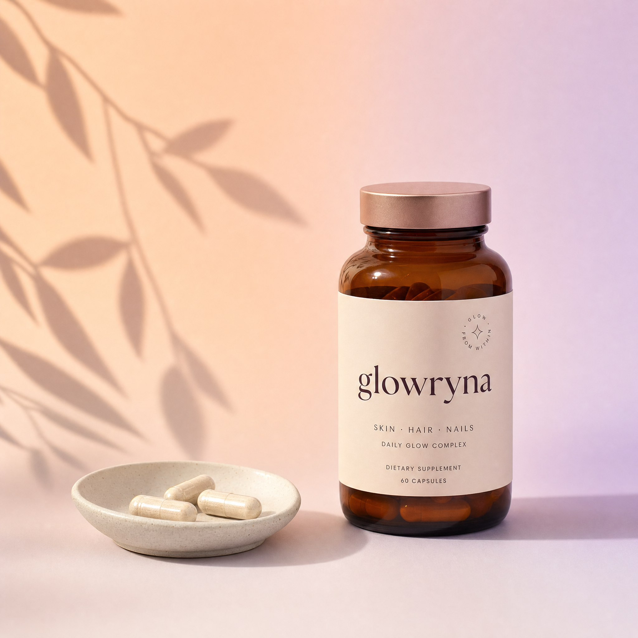 Flacon ambré Glowryna Gut-Glow avec gélules sur une coupelle, fond éclat