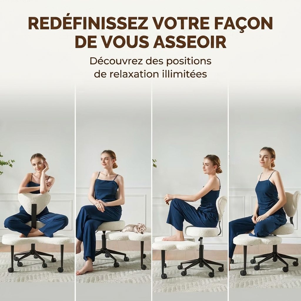 Quatre positions d'assise possibles sur la chaise : tailleur, assise classique, jambes tendues et de profil