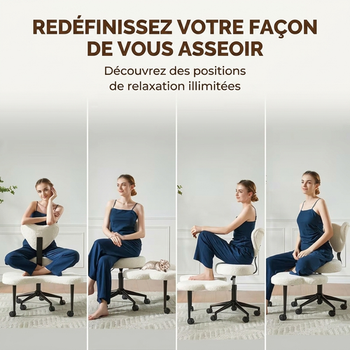Quatre positions d'assise possibles sur la chaise : tailleur, assise classique, jambes tendues et de profil