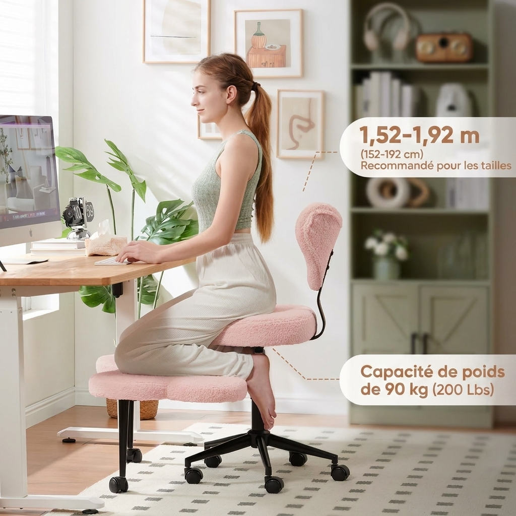 Chaise de bureau rose utilisée à genoux devant un bureau : recommandée de 1,52 m à 1,92 m, capacité 90 kg