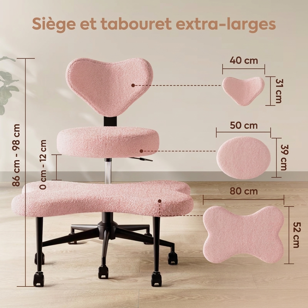 Dimensions de la chaise : hauteur 86 à 98 cm, assise 50 x 39 cm, repose-genoux 80 x 52 cm, dossier 40 x 31 cm