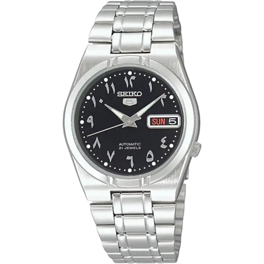 Cadran noir à chiffres arabes et guichet jour-date, montre 34 mm