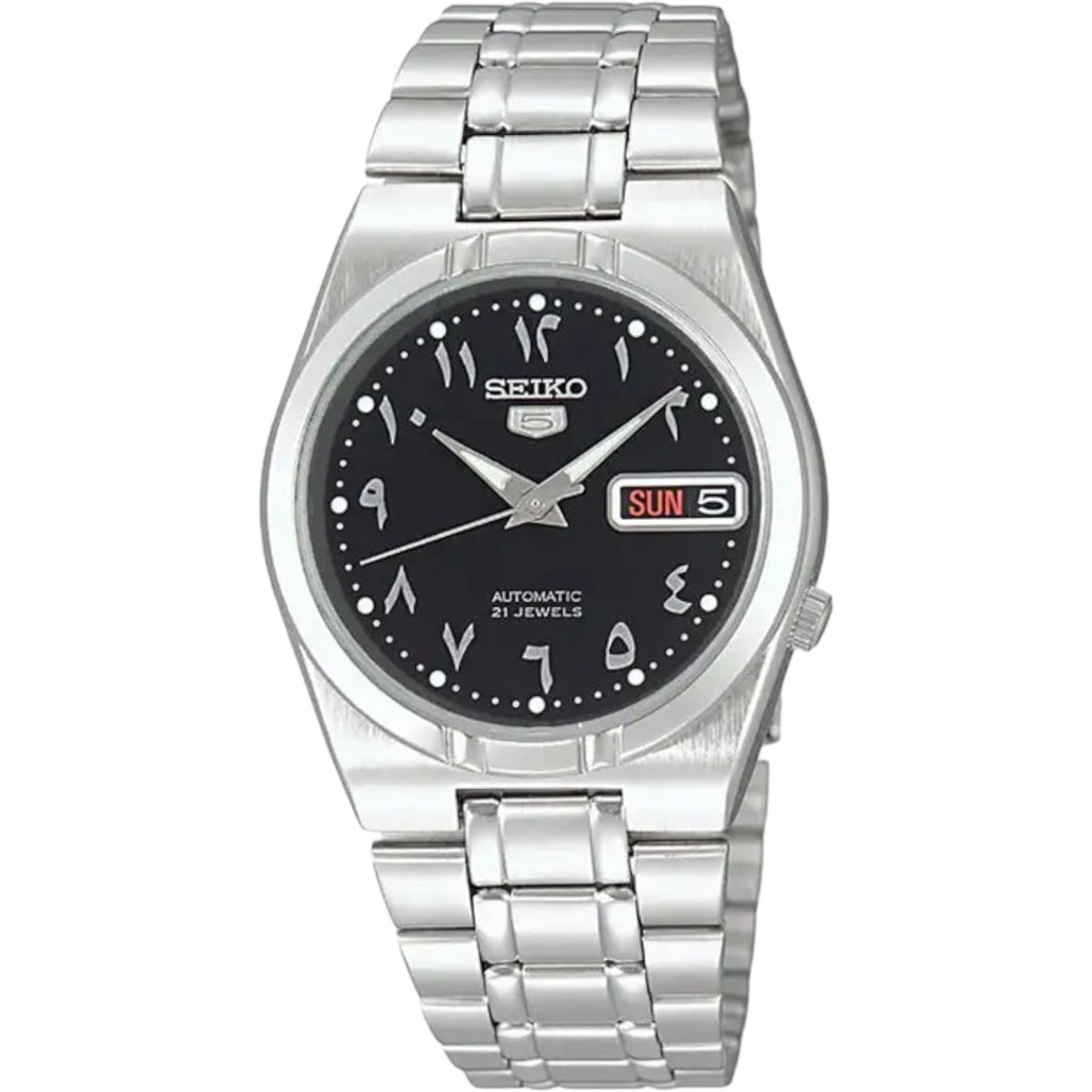 Cadran noir à chiffres arabes et guichet jour-date, montre 34 mm