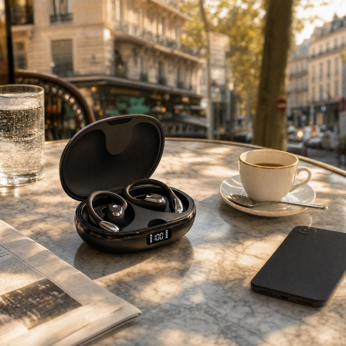 Le boîtier posé sur une table de bistrot, le téléphone à côté
