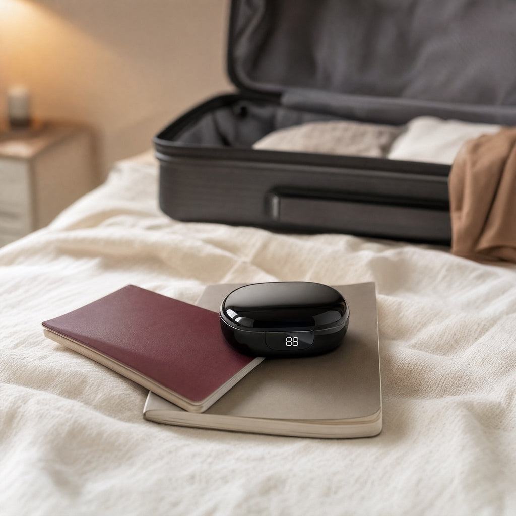 Le boîtier posé sur un passeport, à côté d une valise