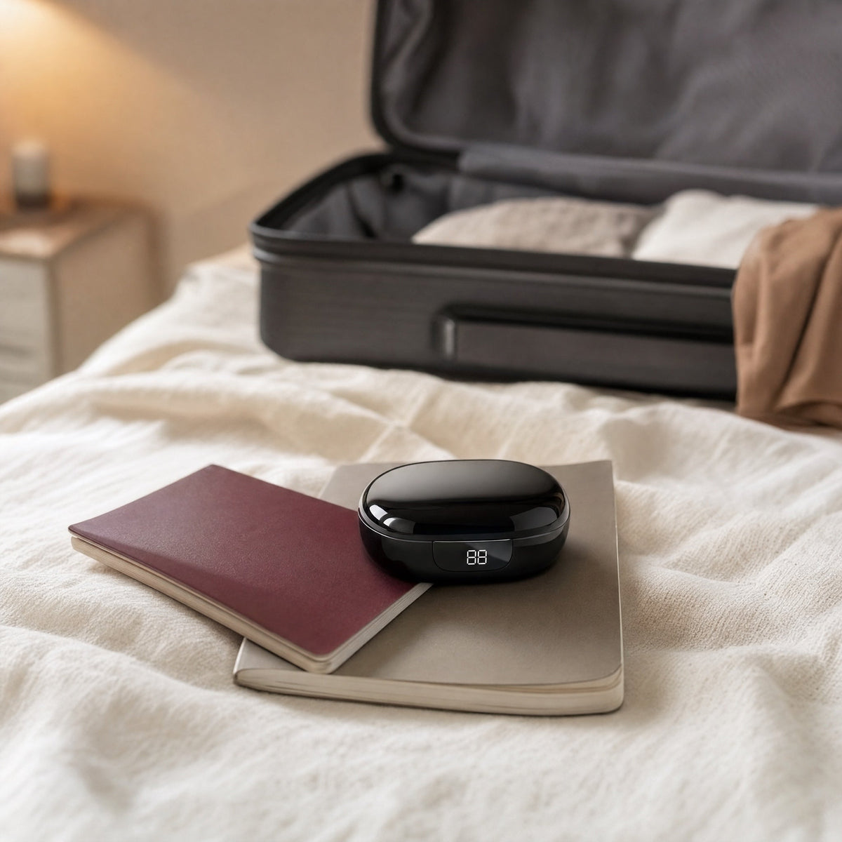 Le boîtier posé sur un passeport, à côté d une valise