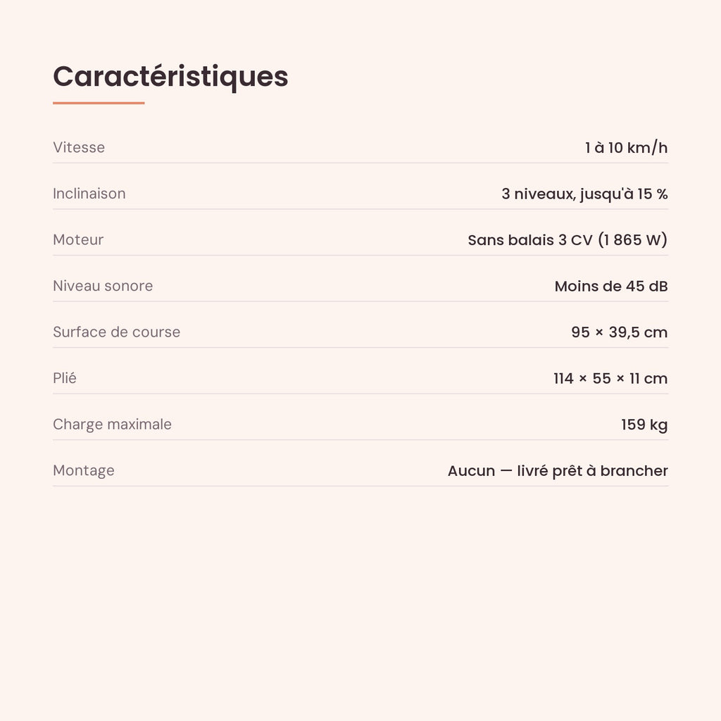 Caractéristiques : 1 à 10 km/h, 15 % d'inclinaison, sans montage